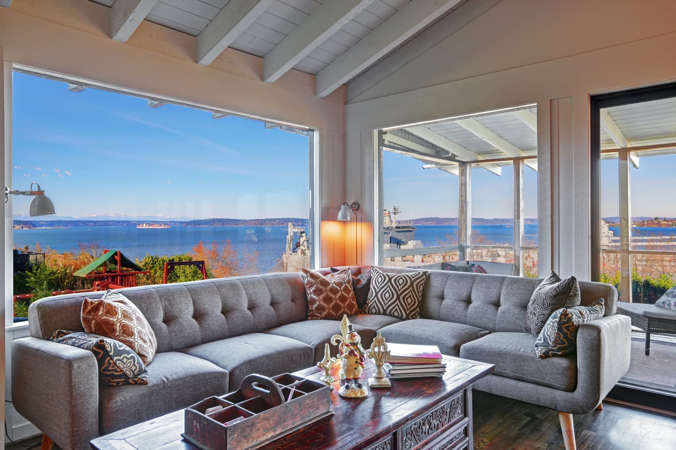 Bright short-term rental living room with a Sound view